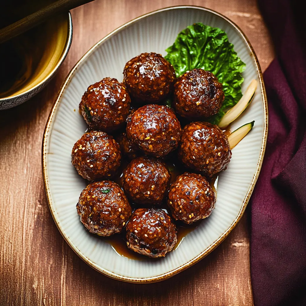 Une assiette garnie de boulettes nappées de sauce.