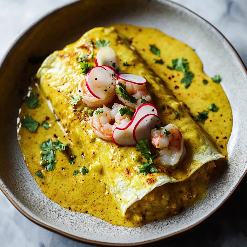 Une assiette garnie de crevettes et d’une sauce dorée.