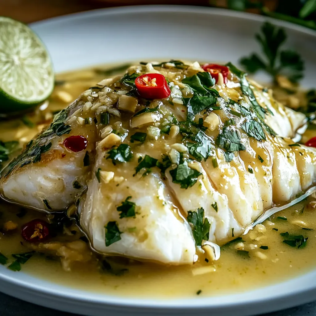 Une assiette de poisson avec un quartier de citron vert à côté.