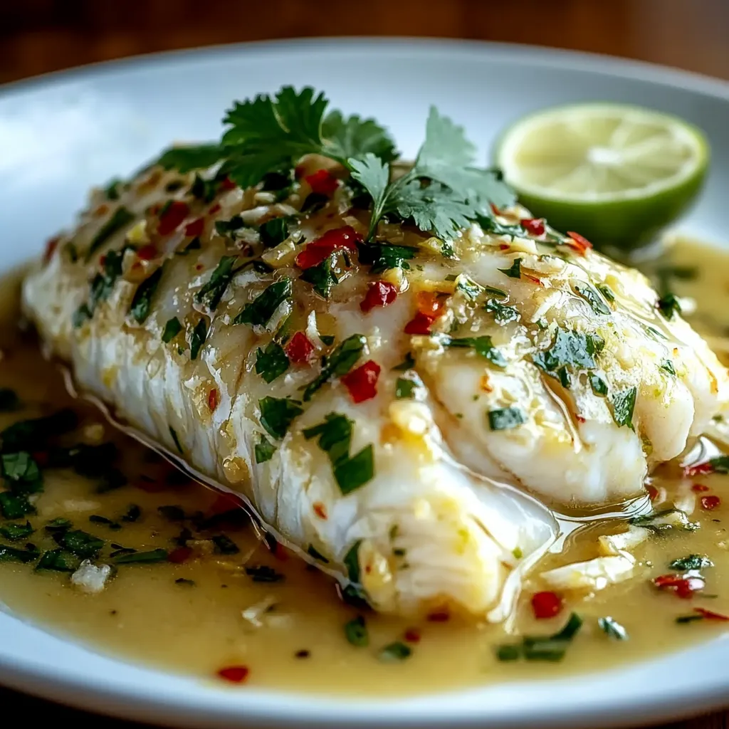 Assiette de poisson décorée de persil et citron vert.