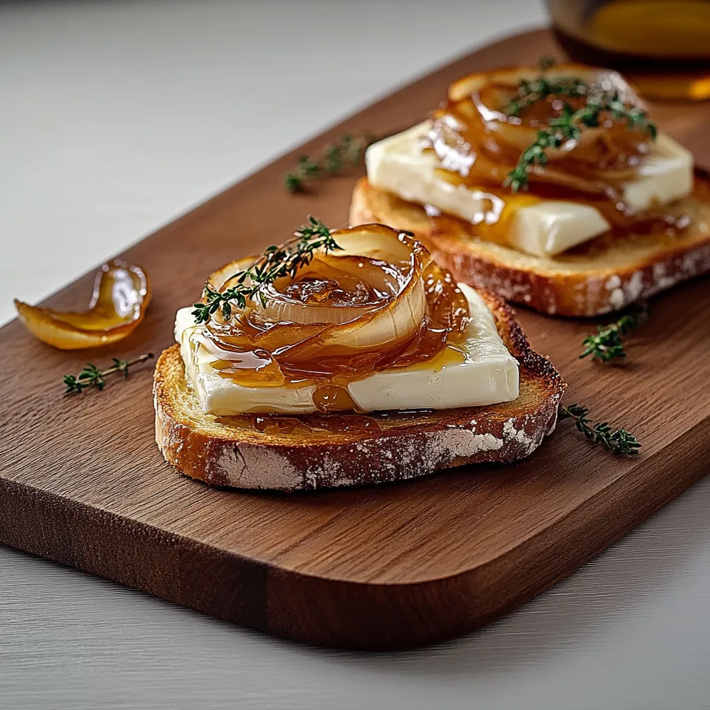 Deux tartines garnies d’oignons et de brie, bien dorées.