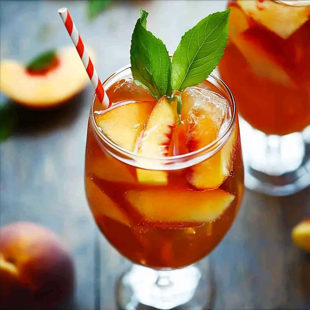 Un verre de jus de pêche surmonté de menthe fraîche.