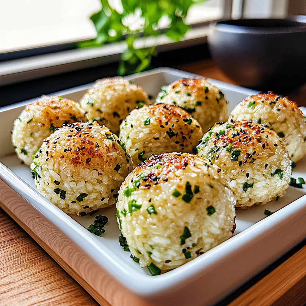 Une assiette de boulettes de riz avec des herbes vertes dessus.