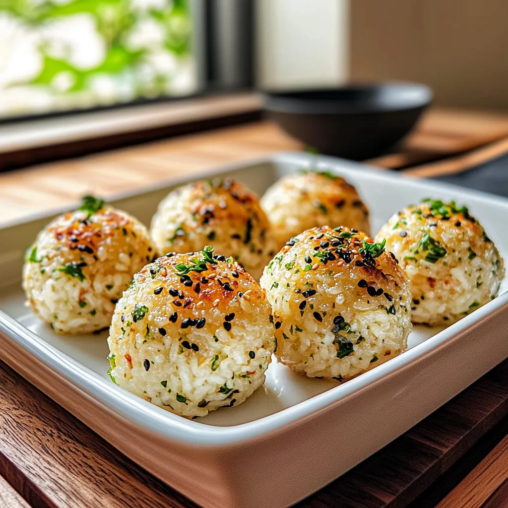 Une assiette de boulettes de riz avec des herbes vertes dessus.