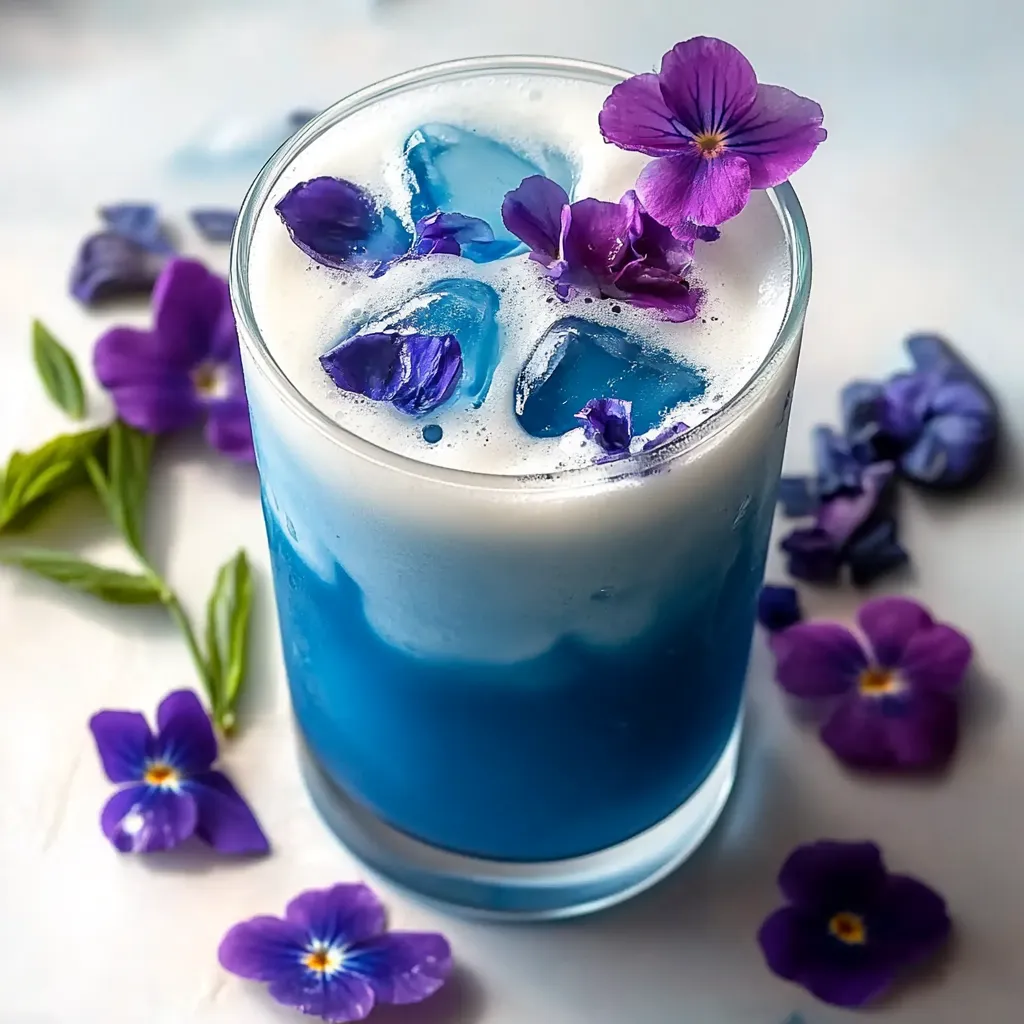 Un verre de boisson bleue avec des fleurs violettes.