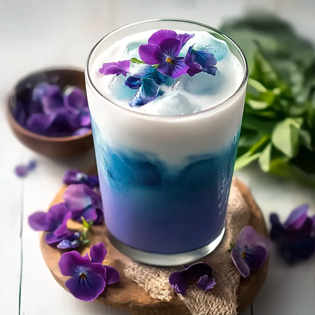 Un verre de boisson bleu et violet garni de fleurs violettes.