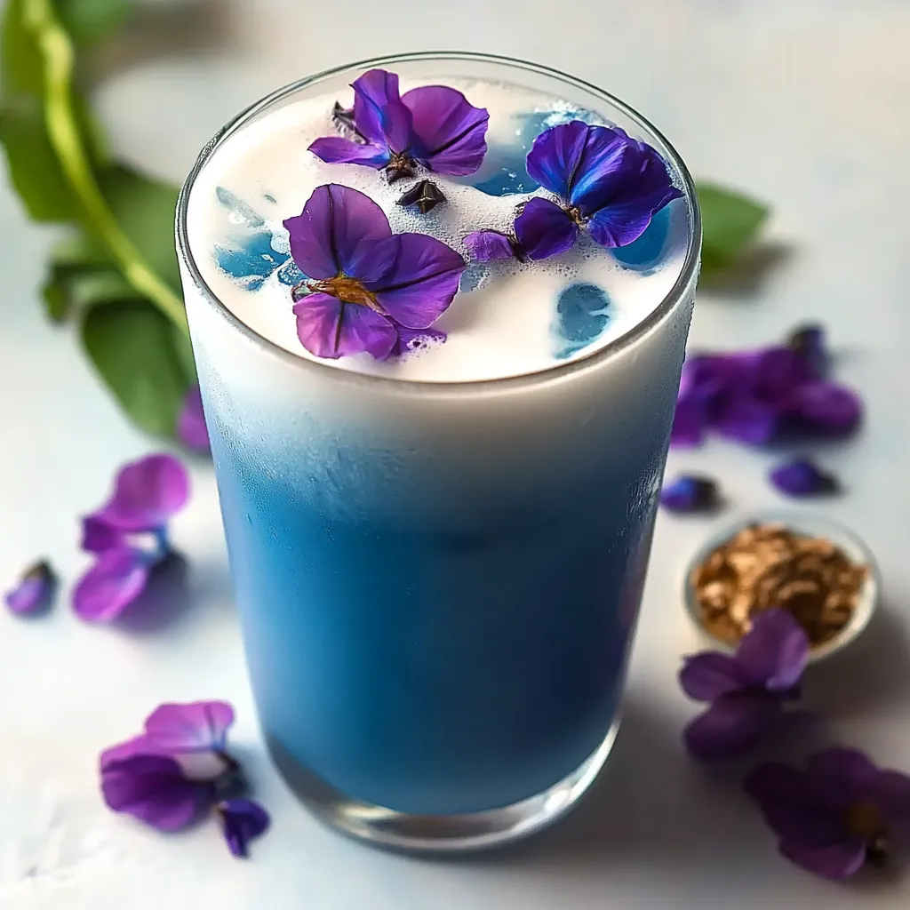 Un verre de boisson bleue orné de fleurs violettes.