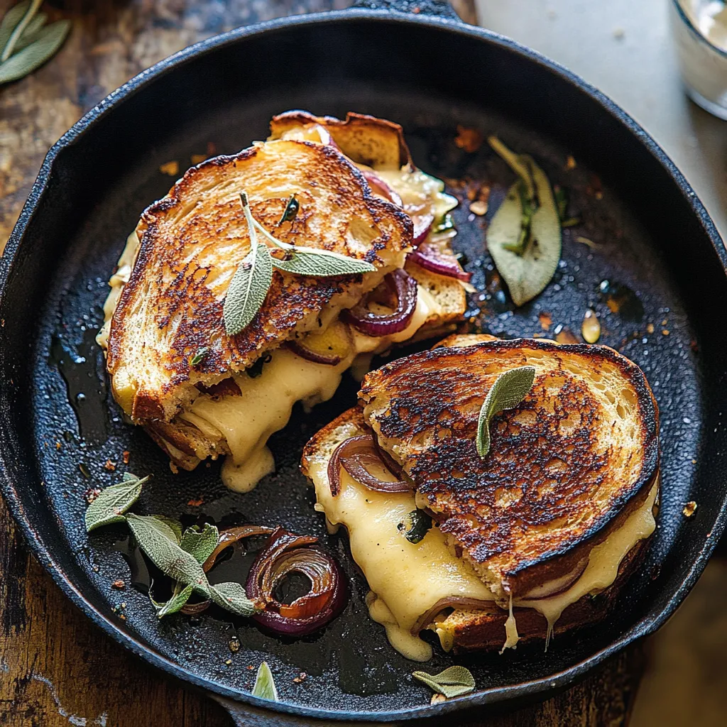 Deux sandwichs grillés au fromage avec oignons et herbes.