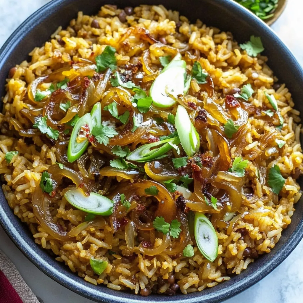 Bol de riz et oignons grillés avec des poivrons.