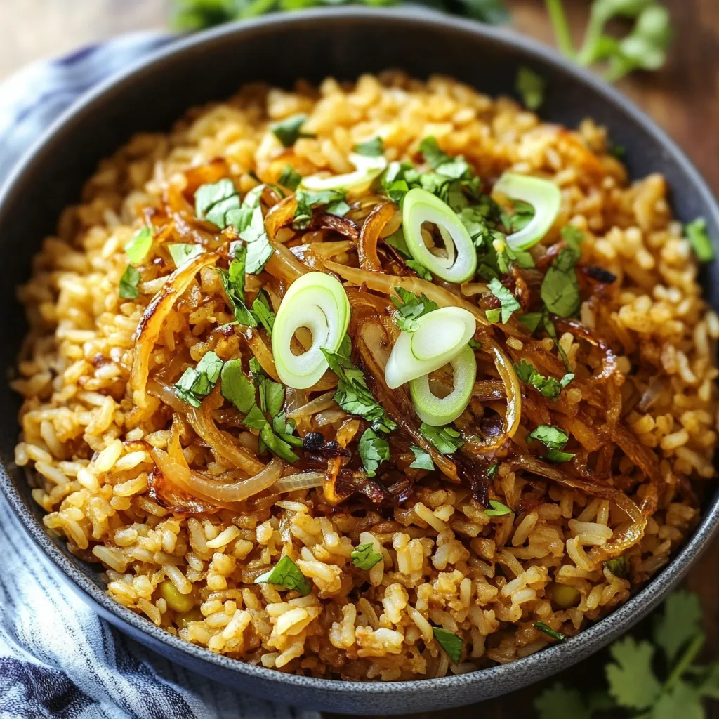 Un bol de riz avec des oignons et des poivrons verts.