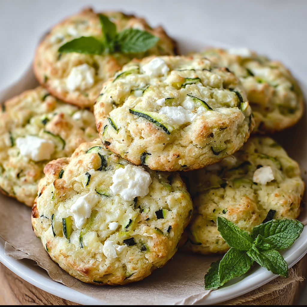 Une belle pile de cookies salés aux courgettes râpées et fromage de chèvre.