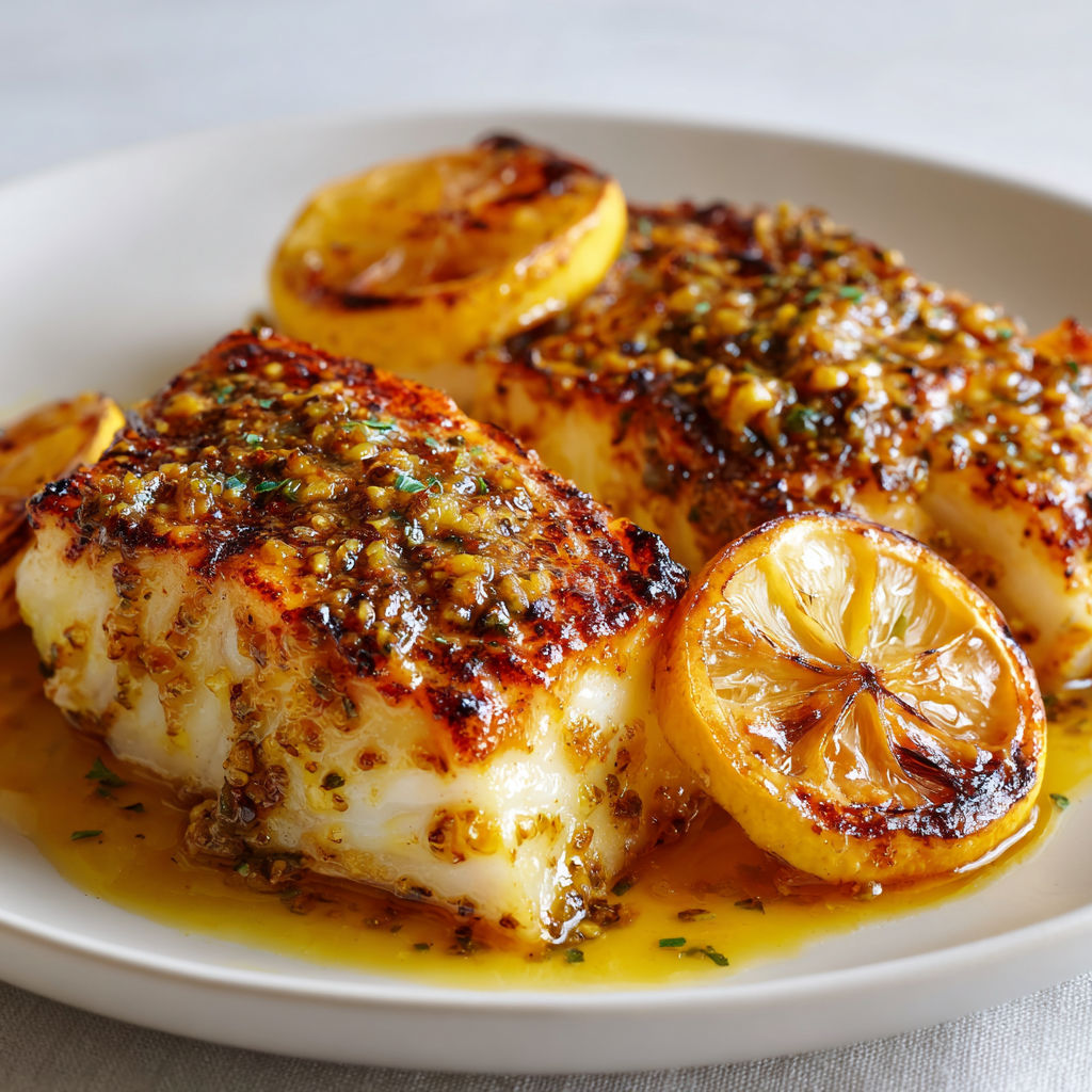 Filets de poisson glacés à la moutarde, herbes fraîches et citron à côté.