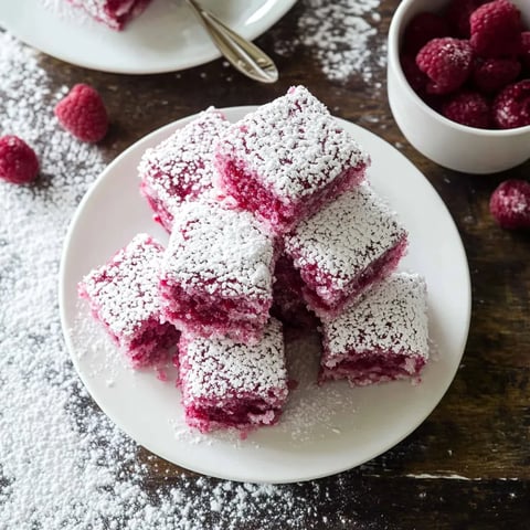 Une assiette de gâteaux recouverts de noix de coco et nappés de framboises.