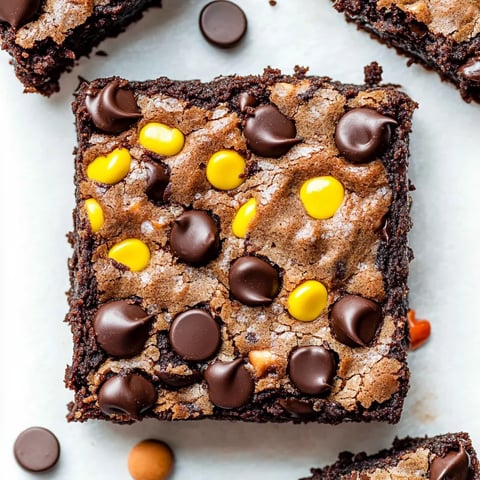 Carré de dessert au chocolat avec des pépites de chocolat et du beurre de cacahuète.