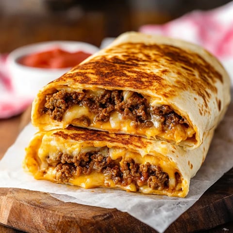 Un burrito avec fromage et viande sur une table.