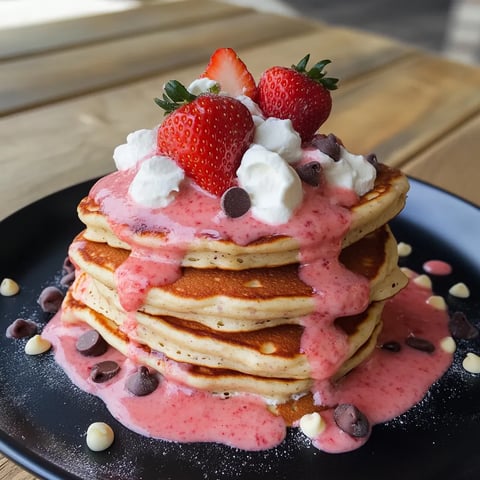Une pile de pancakes avec des fraises et de la crème fouettée.