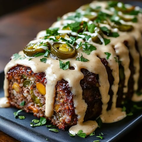 Un plat de viande avec une sauce blanche et des garnitures vertes.