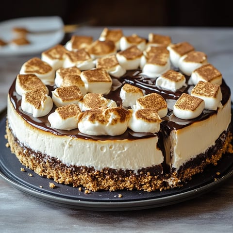Tranche de cheesecake avec guimauves et chocolat.