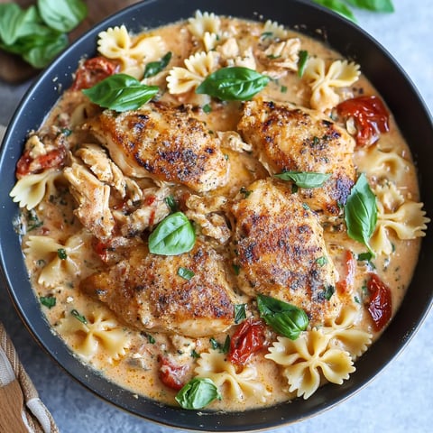 Un plat de pâtes avec du poulet et des tomates.