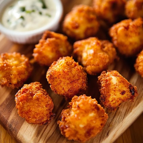 A wooden cutting board with a bowl of dipping sauce and some breaded food.