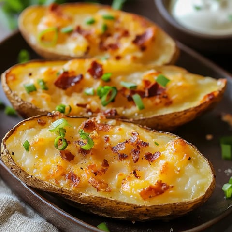 Une assiette de pommes de terre cuites avec bacon et fromage.