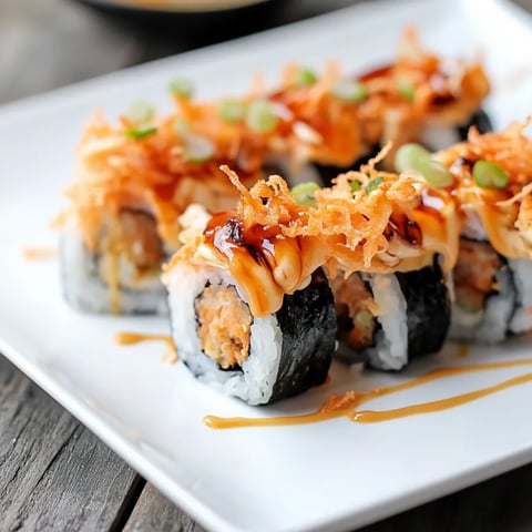 Une assiette de sushi nappée de sauce.