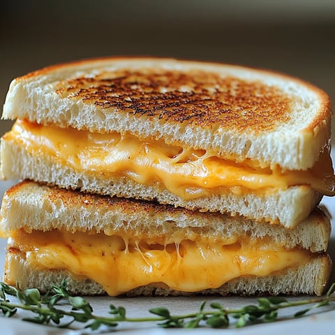 Two grilled cheese sandwiches stacked on a plate.