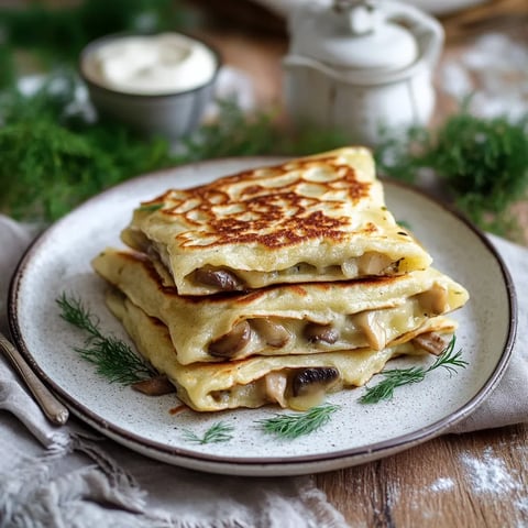 A stack of crepes with mushrooms on a plate.