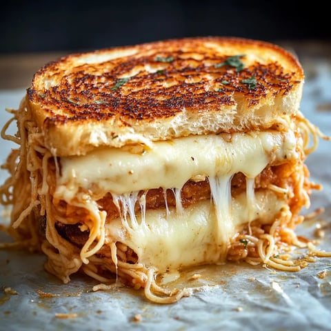 Un sandwich avec fromage et pâtes.