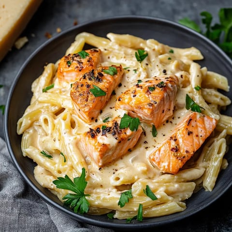 Un bol de pâtes avec saumon et fromage.