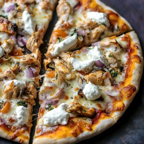 Une part de pizza avec poulet et fromage.