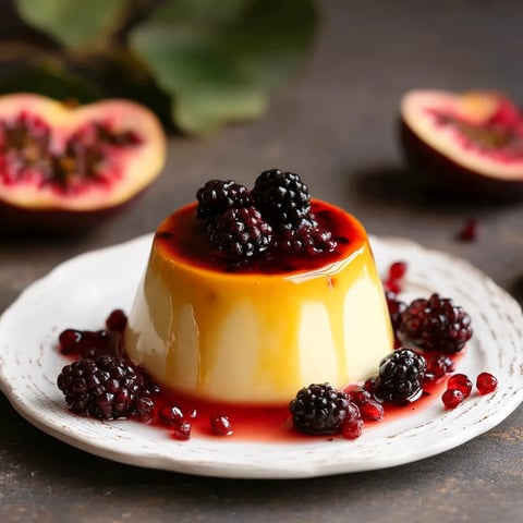 Une assiette avec un dessert nappé de sauce aux mûres et une mûre en décoration.