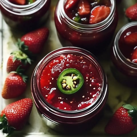 Un pot de confiture de fraises piquantes avec un jalapeño.