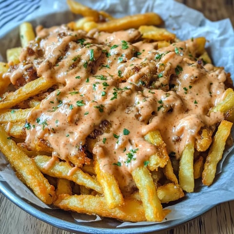 Golden fries covered with sweet onions and creamy sauce.