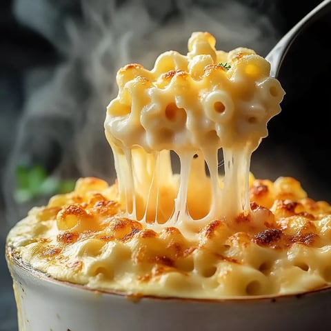 Une fourchette plongée dans un bol de pâtes au fromage.
