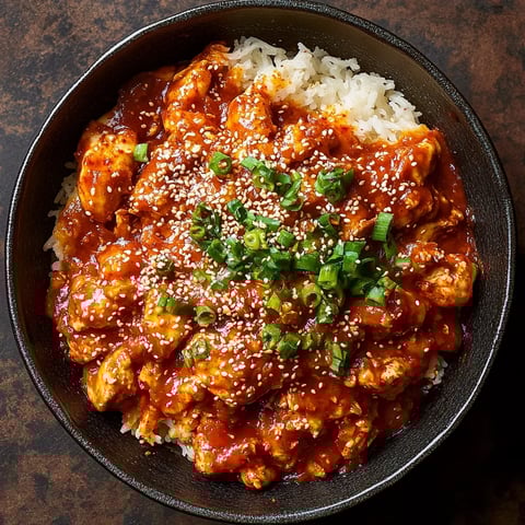 Bol de riz avec poulet épicé.