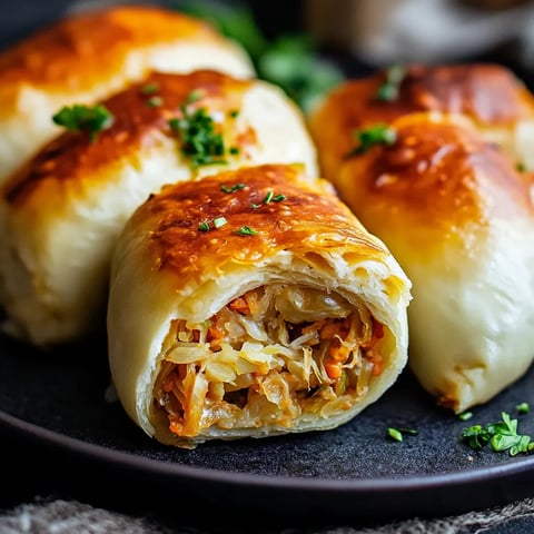 Une assiette de roulés avec une herbe verte par-dessus.