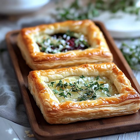 Deux petits feuilletés aux fruits rouges et fromage sur un plateau en bois.