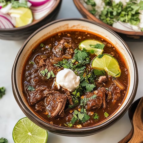 Un bol de soupe avec viande et citron vert.