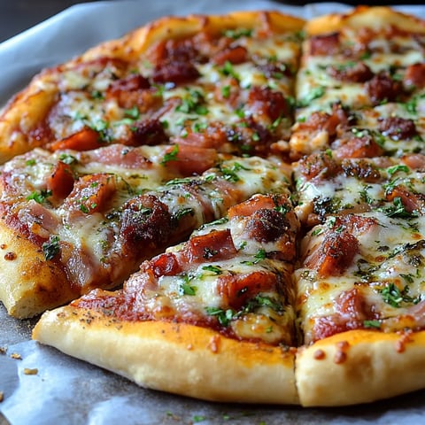 Une pizza garnie de viande et de fromage dans une poêle.