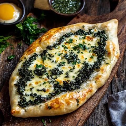 Pizza avec fromage et épinards sur une planche en bois.