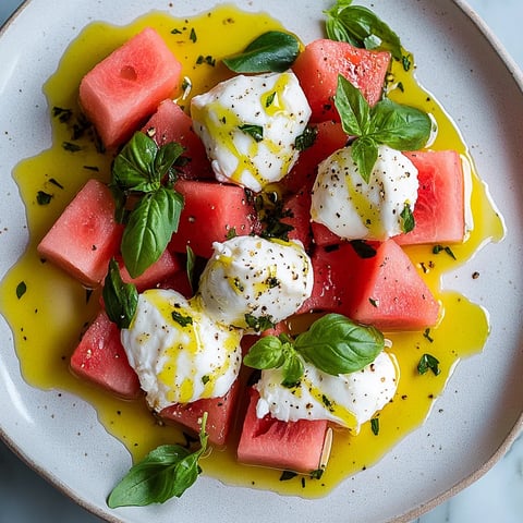 Une assiette garnie d’une tranche de pastèque et de fromage.