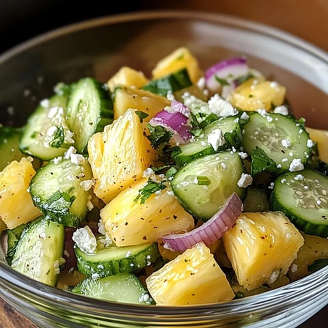 Un bol plein de concombres, oignons, et ananas.