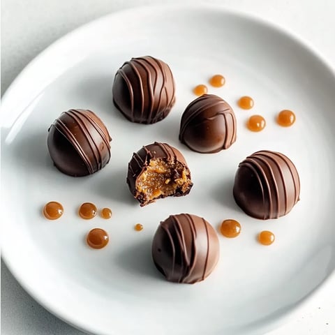 Assiette de truffes enrobées de chocolat avec caramel fondant.