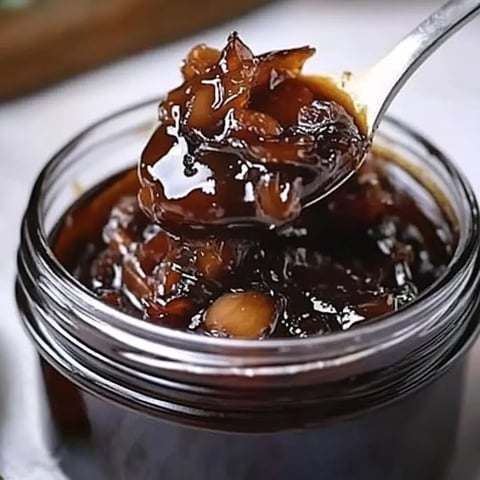 Une cuillère dans un pot de confit d'oignon.