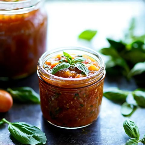 Un pot de confiture avec une feuille de basilic dessus.