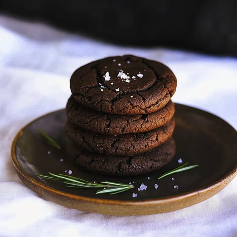 Une pile de cookies au chocolat avec du sel dessus.