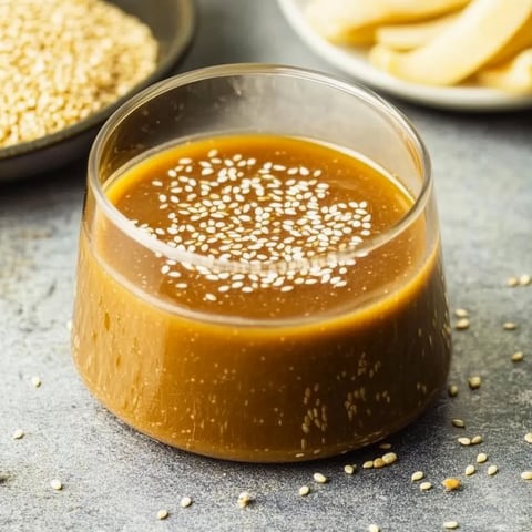 Un verre de sauce au sésame posé sur une table.
