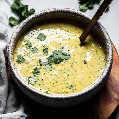 Un bol de soupe avec une cuillère dedans.