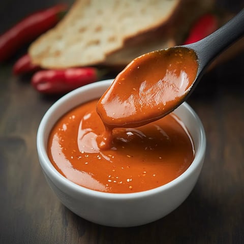 On prélève la sauce avec une cuillère dans un bol.